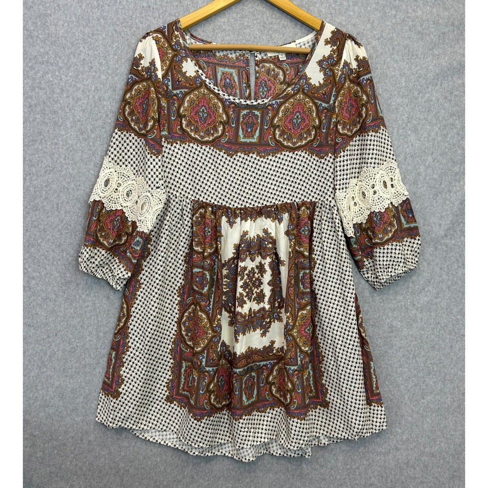 Umgee Mini Dress Brown Paisley Houndstooth Crochet Lace Boho Festival Size Small